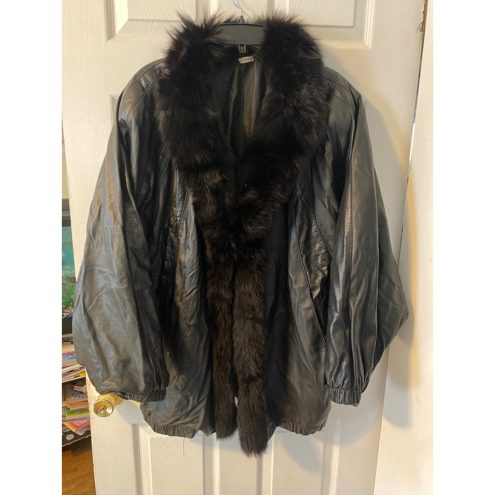 Vintage Black Leather Fox Fur Trim Bomber Jacket Snakeskin Embossed Panel Large